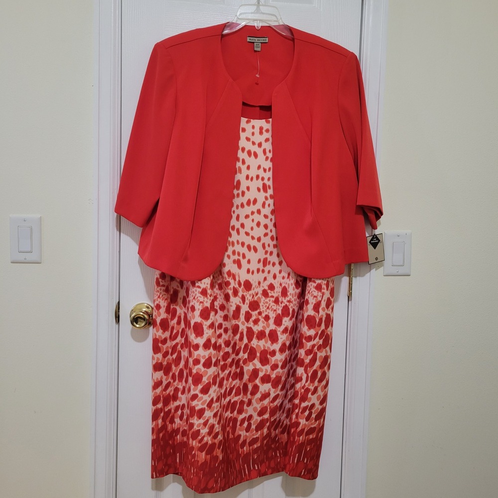 Maya Brooke Coral Red Abstract Ombre Print Dress and Jacket Set 20W NWT